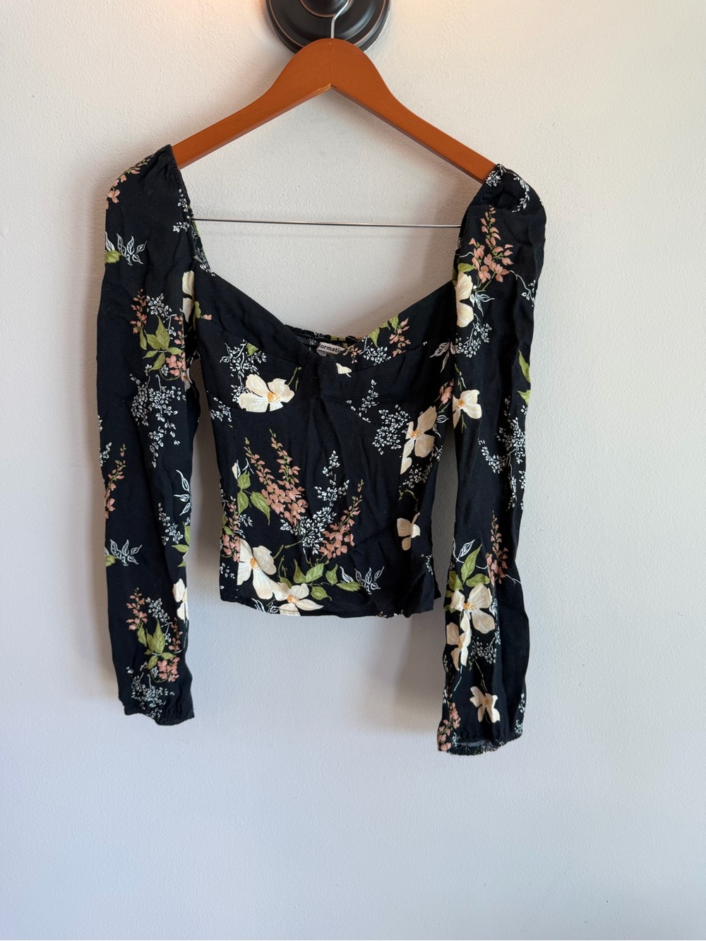 Reformation Black Floral Square-Neck Long Sleeve Top